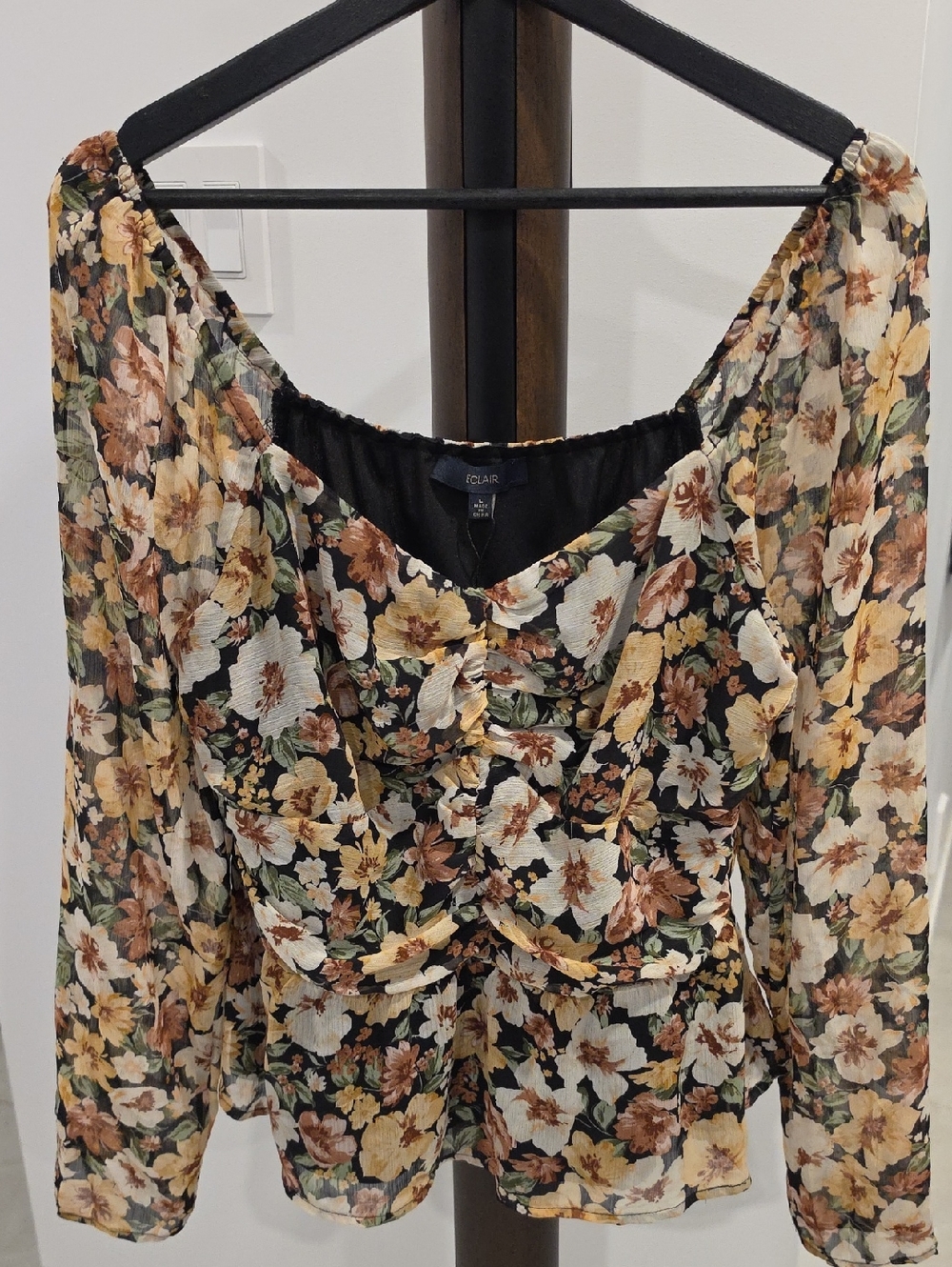 Eclair Floral Off-Shoulder Blouse - Black with Yellow & Brown Floral
